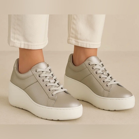 NEW w/Tags Fly London Delf Silver/Gray Leather Platform Wedge Sneaker Women 10.5 - Picture 1 of 12